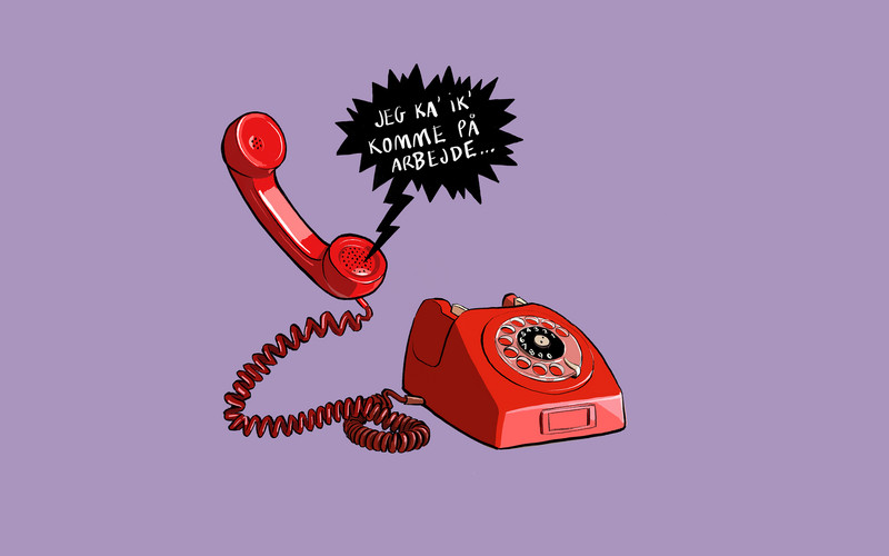 tegnet illustration af telefon og taleboble, hvor der står: jeg kan ikke komme på arbejde
