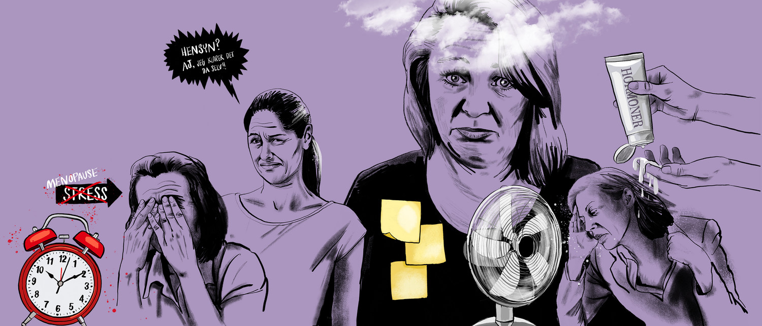 tegnet illustration af forskellige gener relateret til overgangsalderen