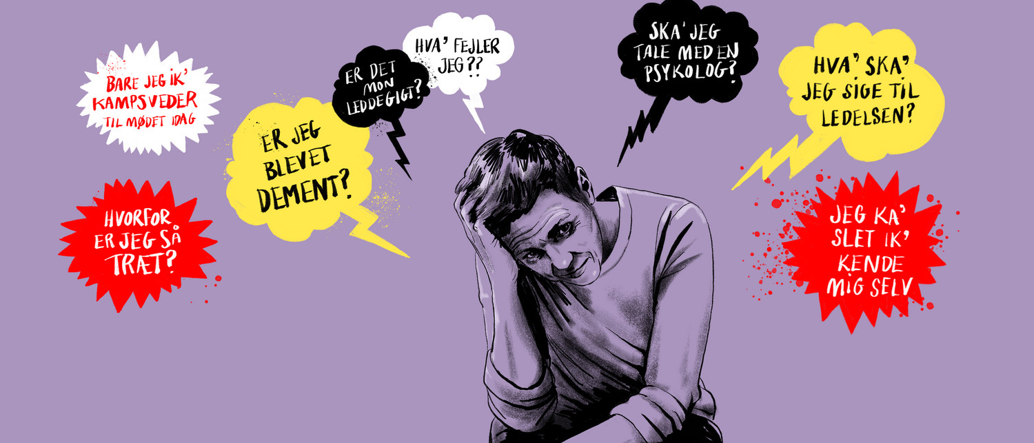 tegnet illustration af kvinde med tankebobler, grubler over, hvad hun fejler