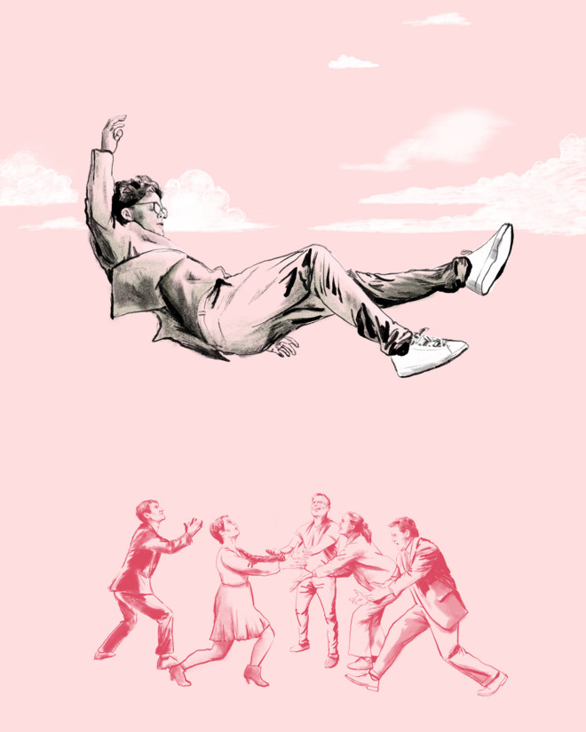 illustration, der viser kolleger, som står klar til at gribe kollega, der falder