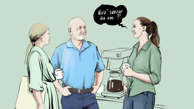 illustration af kolleger, der snakker om fusion. Hvad tænker du spørger en.
