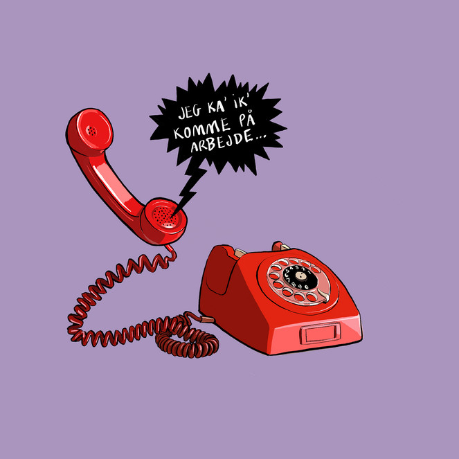 tegnet illustration af telefon og taleboble, hvor der står: jeg kan ikke komme på arbejde