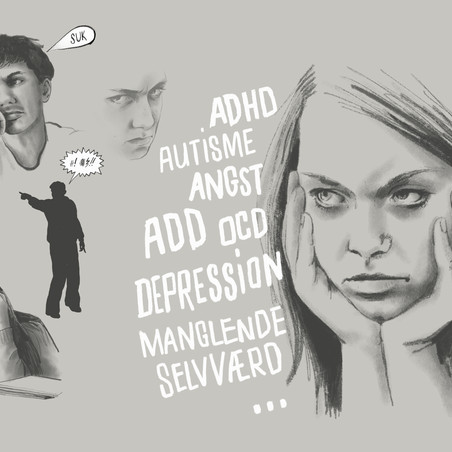 Illustration af triste, vrede og sure ansigter